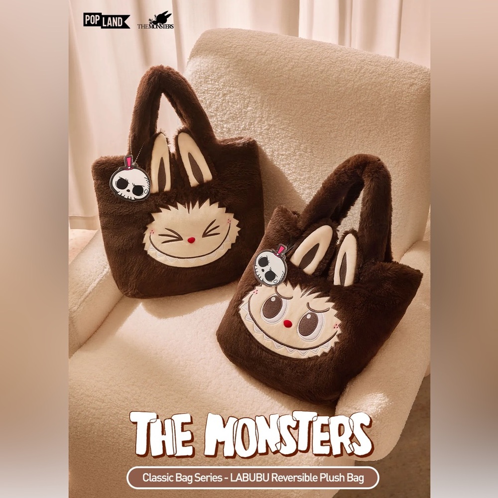 Brown Labubu Reversible Plush Tote Bag